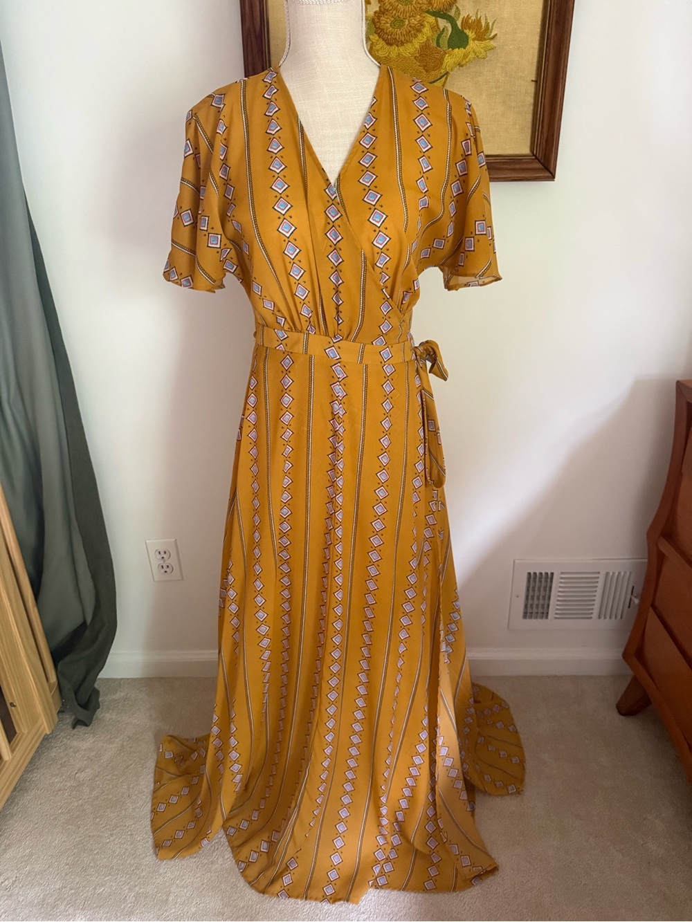 Wishlist Mustard Yellow Geometric Wrap Maxi Dress